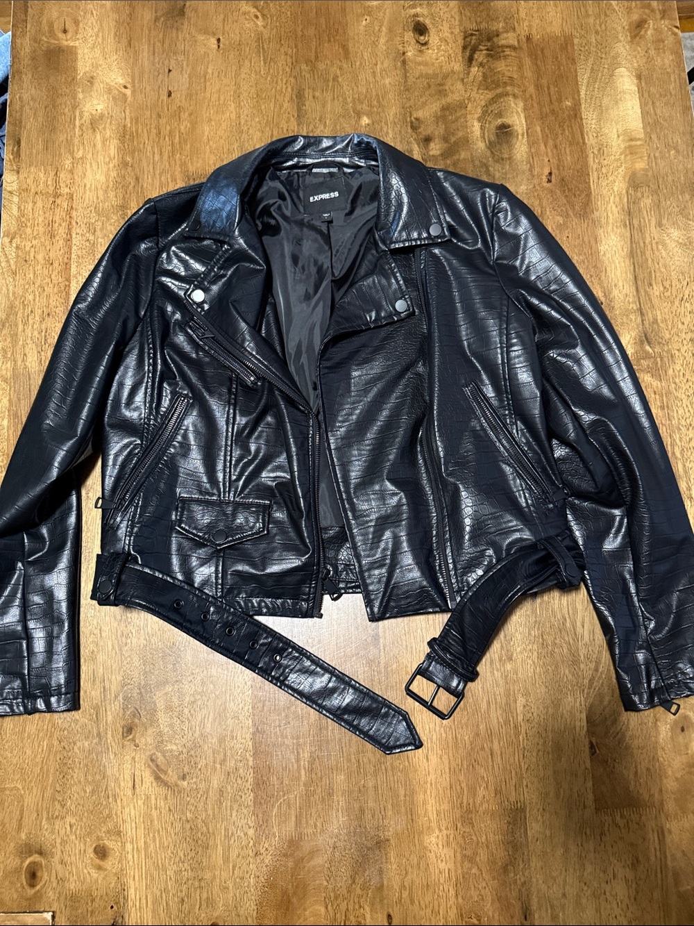 Express Black Faux Leather Moto Jacket with Belt Detail